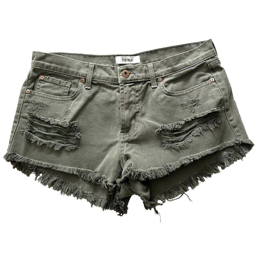 NwOT PISTOLA Dark Green Distressed Denim Shorts w. Frayed Hem Size 30